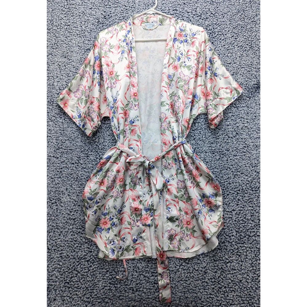 VTG Sleep Solution Stain Silky Robe Size M Floral Cottage Tie Waist Pockets Boho